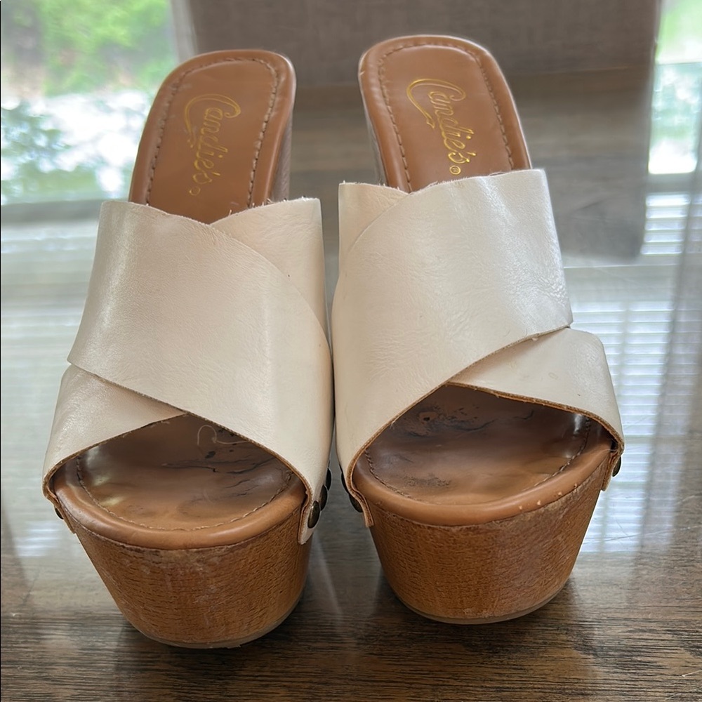 Cream Platform Mules with Crossover Strap